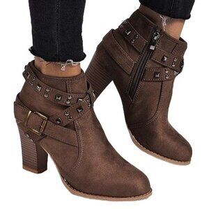 YASIRUN - Coffee Studded-Strap Ankle Boot